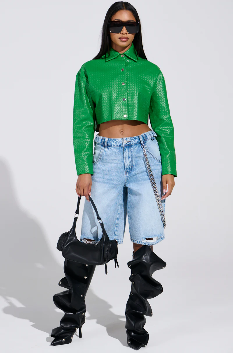 TOO EXPENSIVE FOR YOU WOVEN PU CROPPED BUTTON UP SHIRT - Image 5