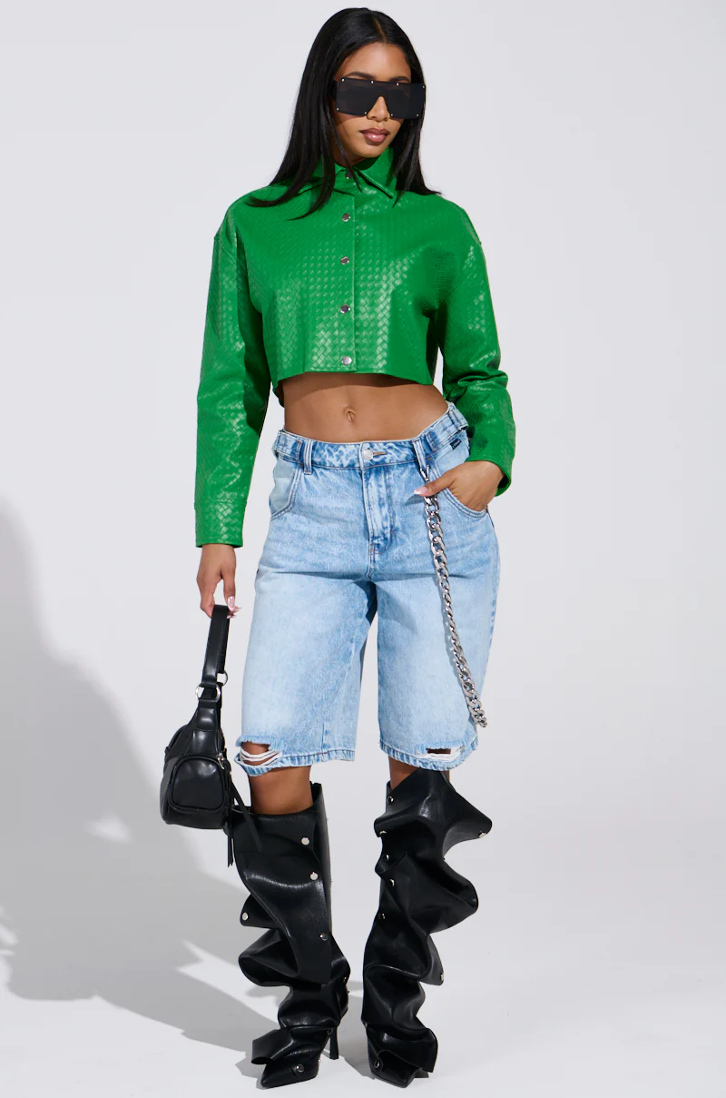 TOO EXPENSIVE FOR YOU WOVEN PU CROPPED BUTTON UP SHIRT - Image 6