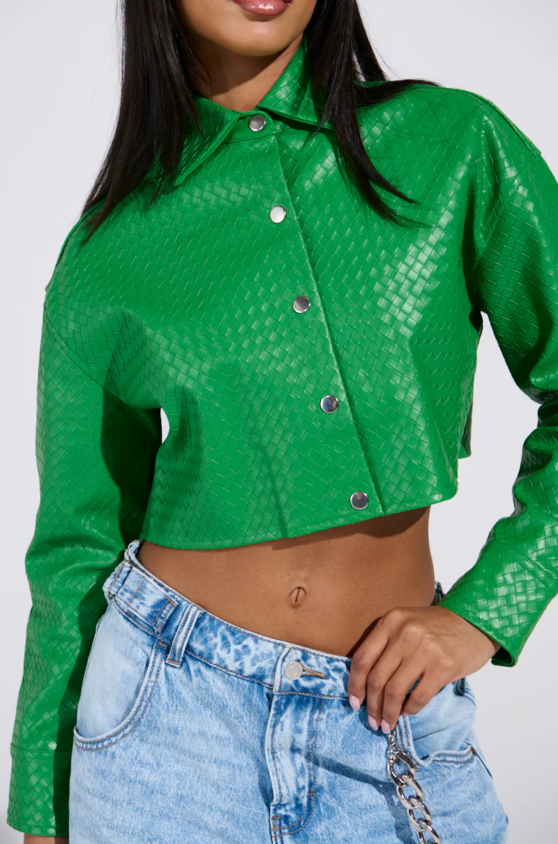 TOO EXPENSIVE FOR YOU WOVEN PU CROPPED BUTTON UP SHIRT - Image 7