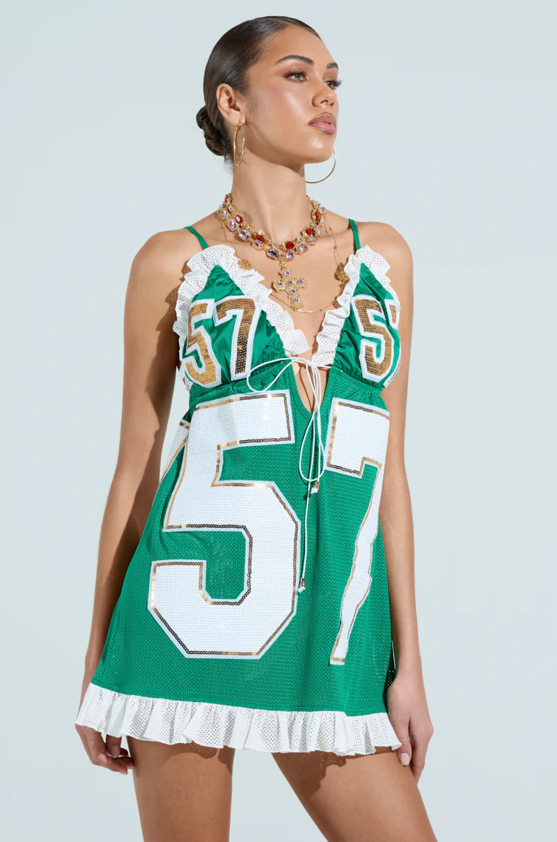 TOUCHDOWN SEQUIN JERSEY DRESS IN GREEN - Image 2