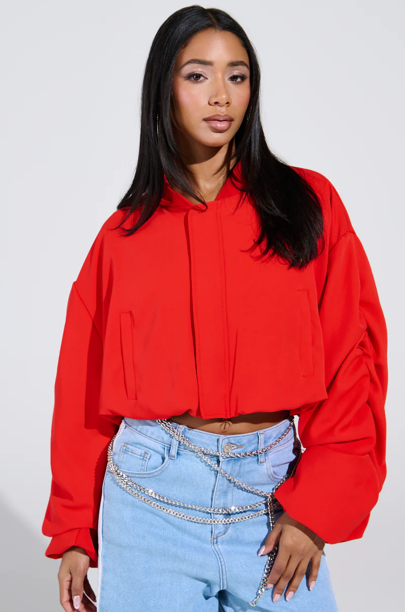 TREY RUCHED SLEEVE BOMBER IN RED - Image 2