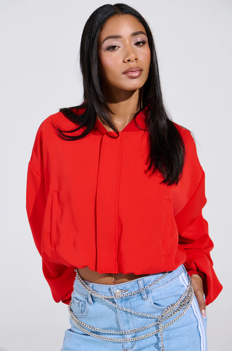 TREY RUCHED SLEEVE BOMBER IN RED - Image 4