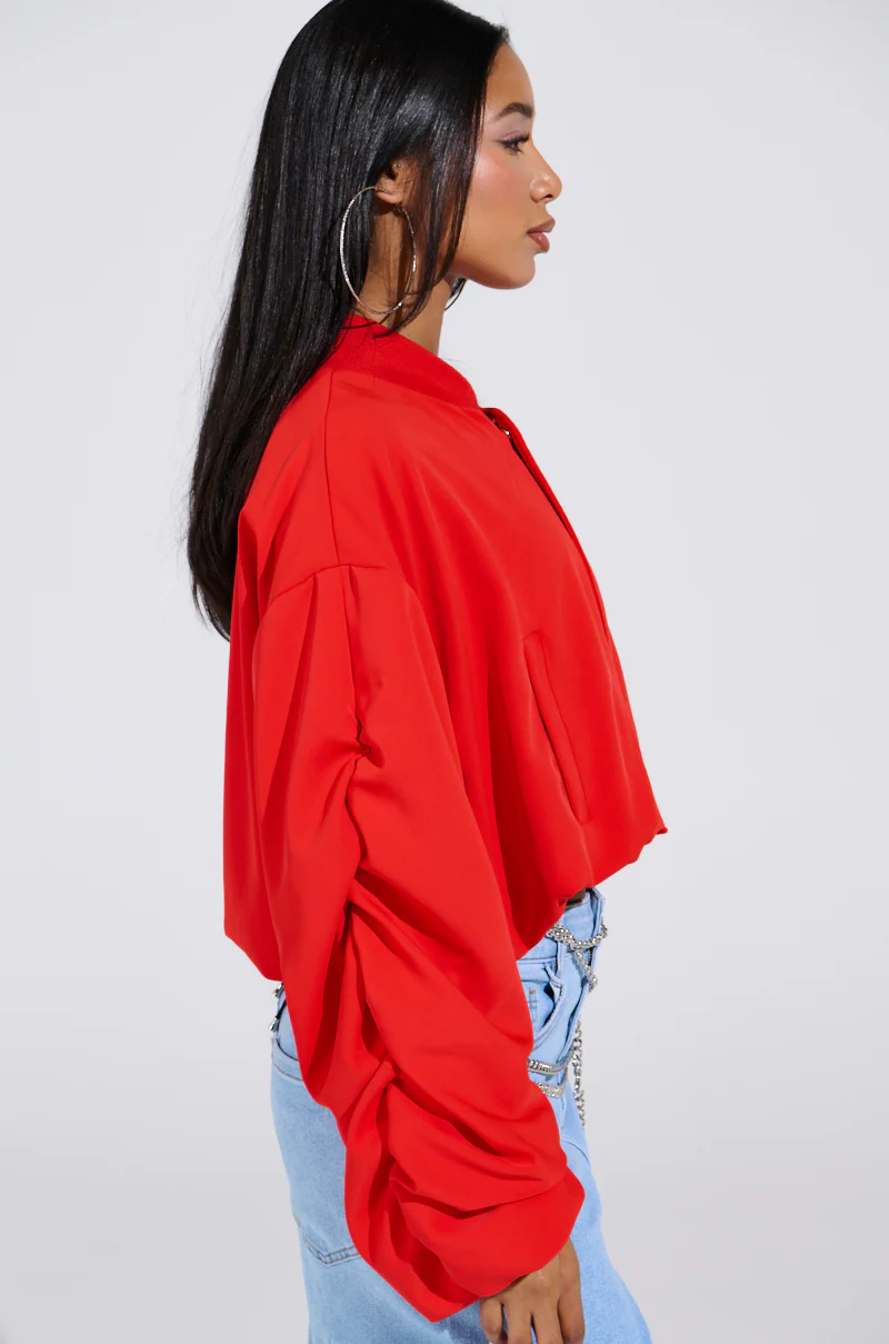 TREY RUCHED SLEEVE BOMBER IN RED - Image 5