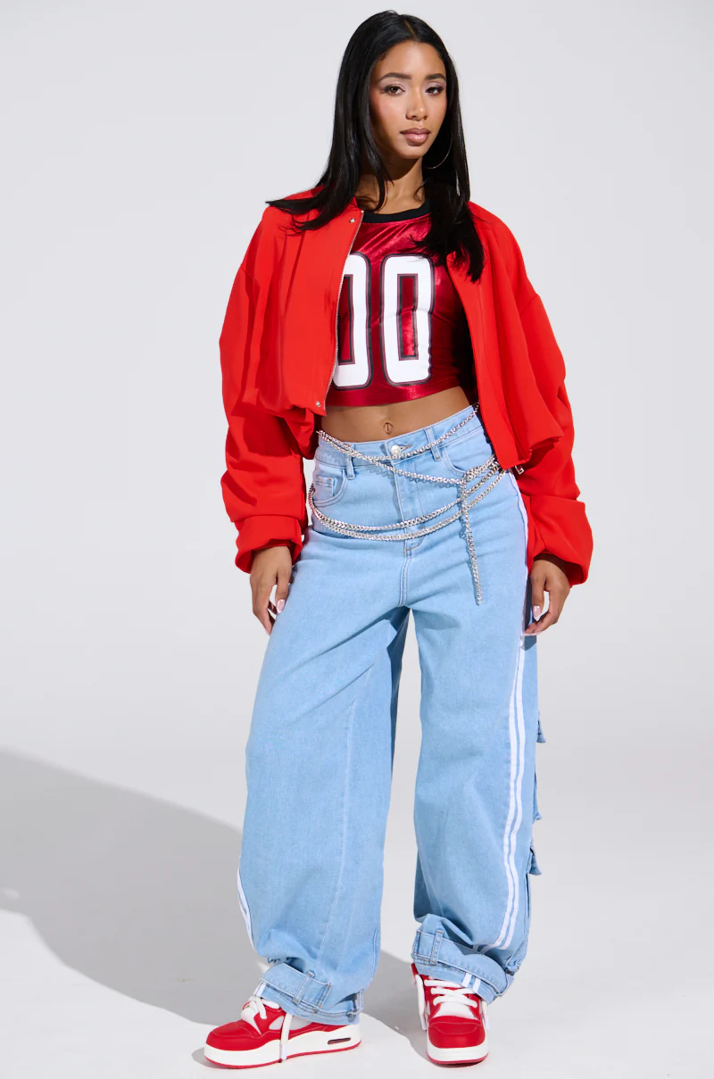 TREY RUCHED SLEEVE BOMBER IN RED - Image 7