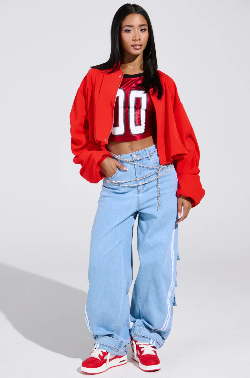 TREY RUCHED SLEEVE BOMBER IN RED - Image 8