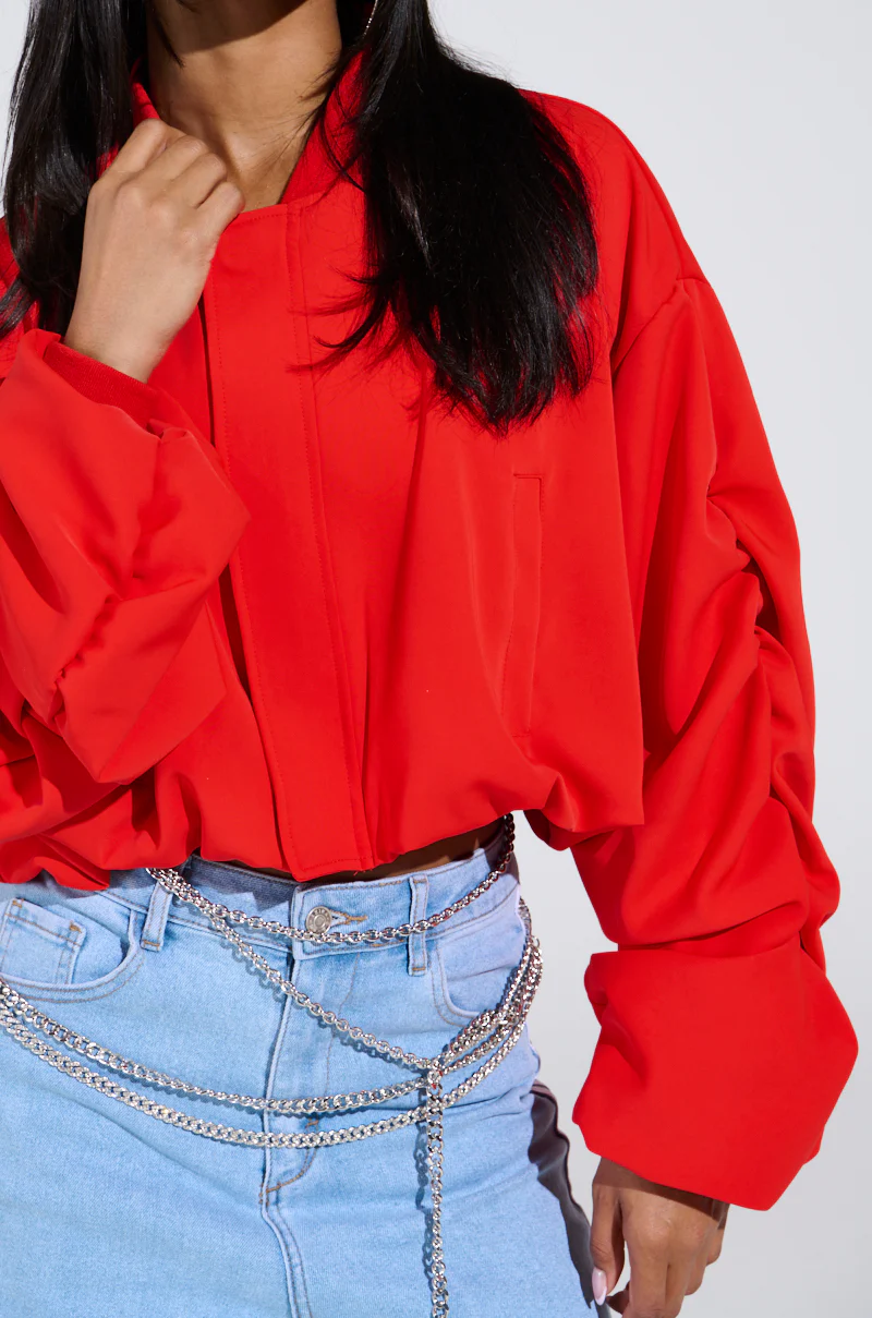 TREY RUCHED SLEEVE BOMBER IN RED - Image 9