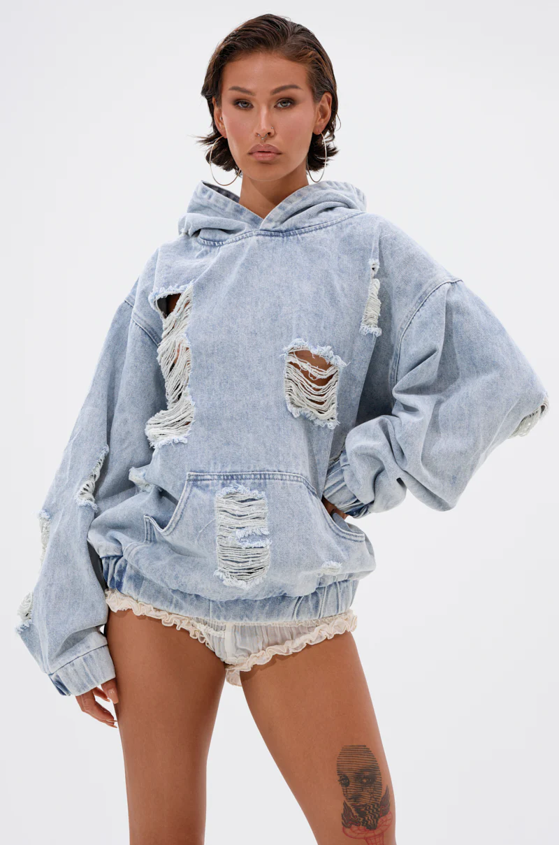 TRINITY DISTRESSED DENIM HOODIE - Image 3