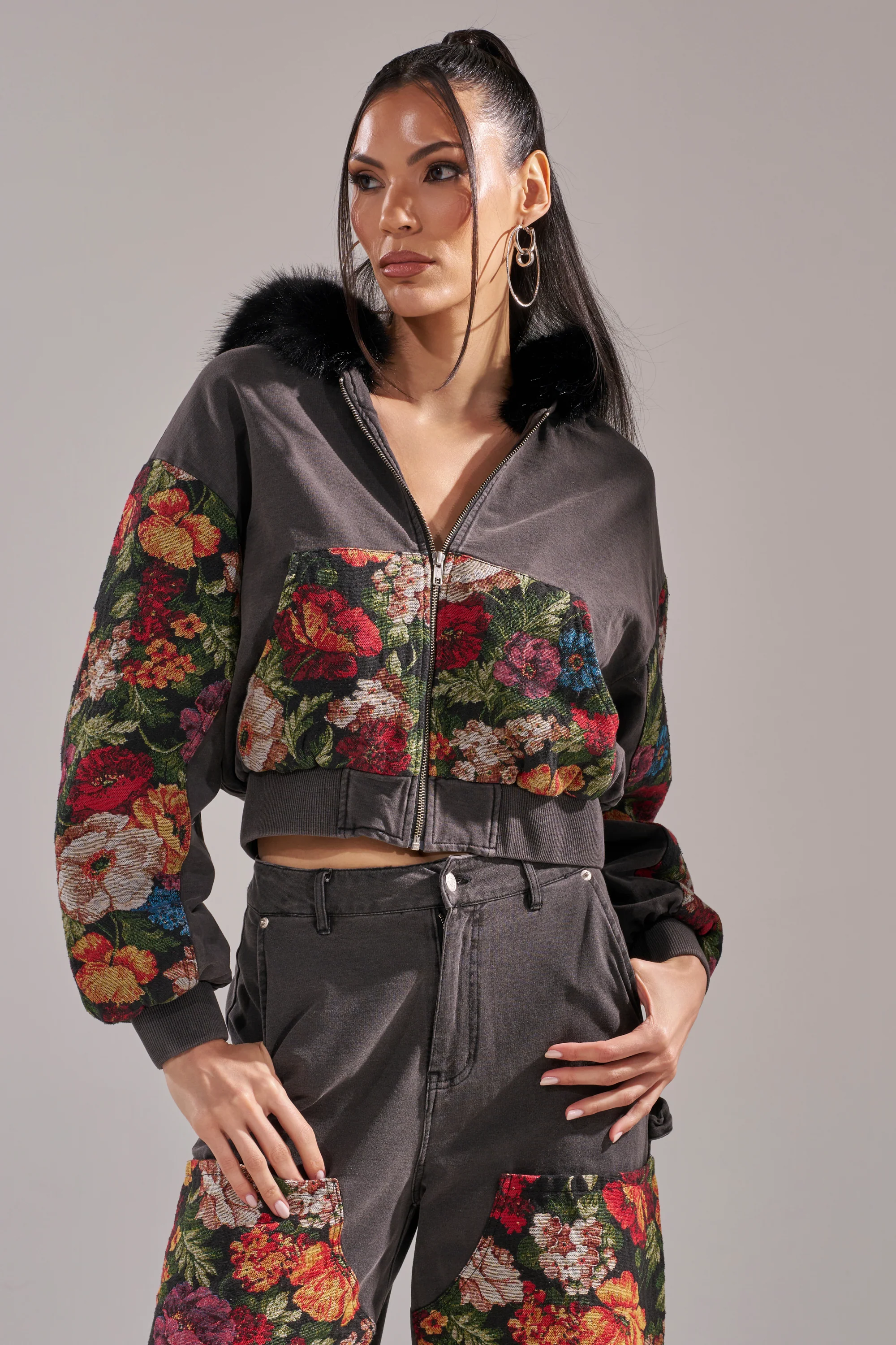 TRY ME FLORAL DENIM ZIP UP SWEATSHIRT - Image 2