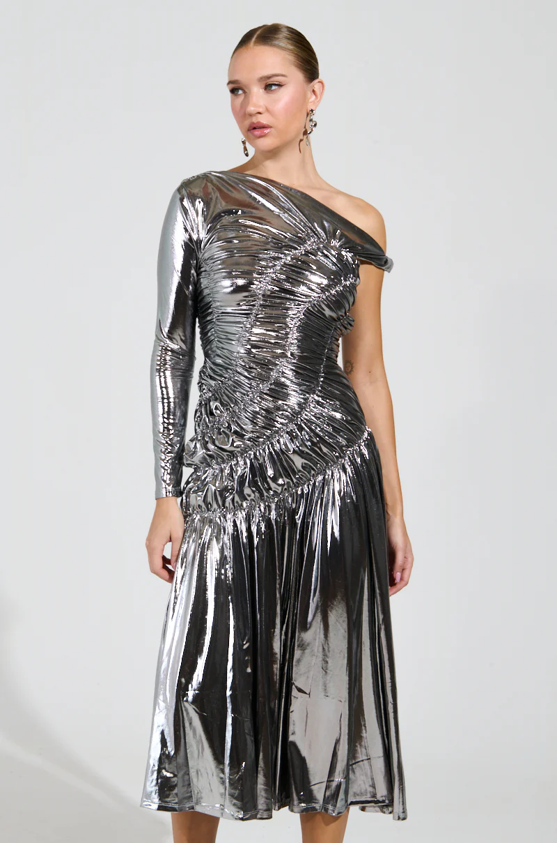 TURN BACK TIME SILVER METALLIC MIDI DRESS - Image 2
