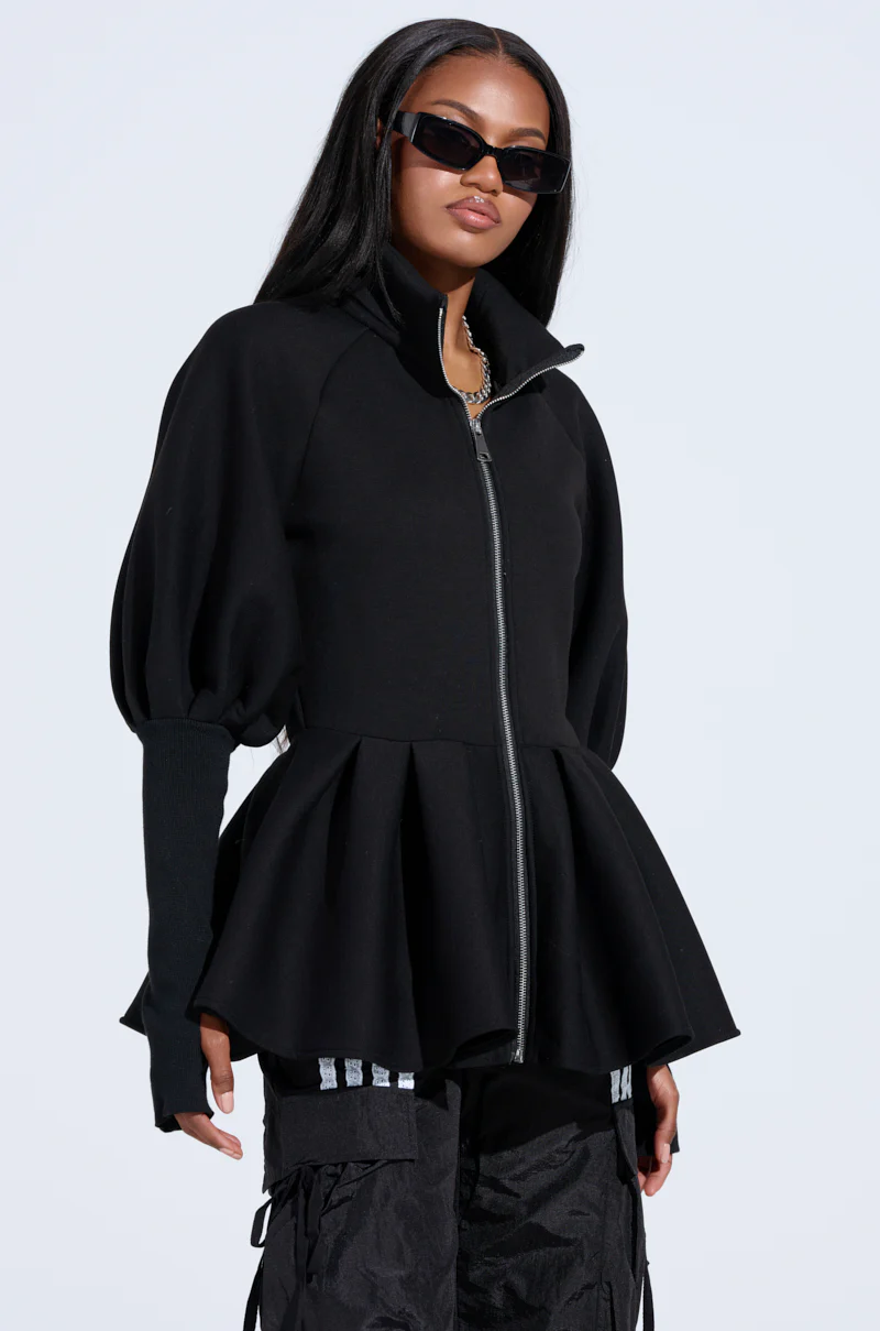 TWIN FLAME PEPLUM BOMBER IN BLACK