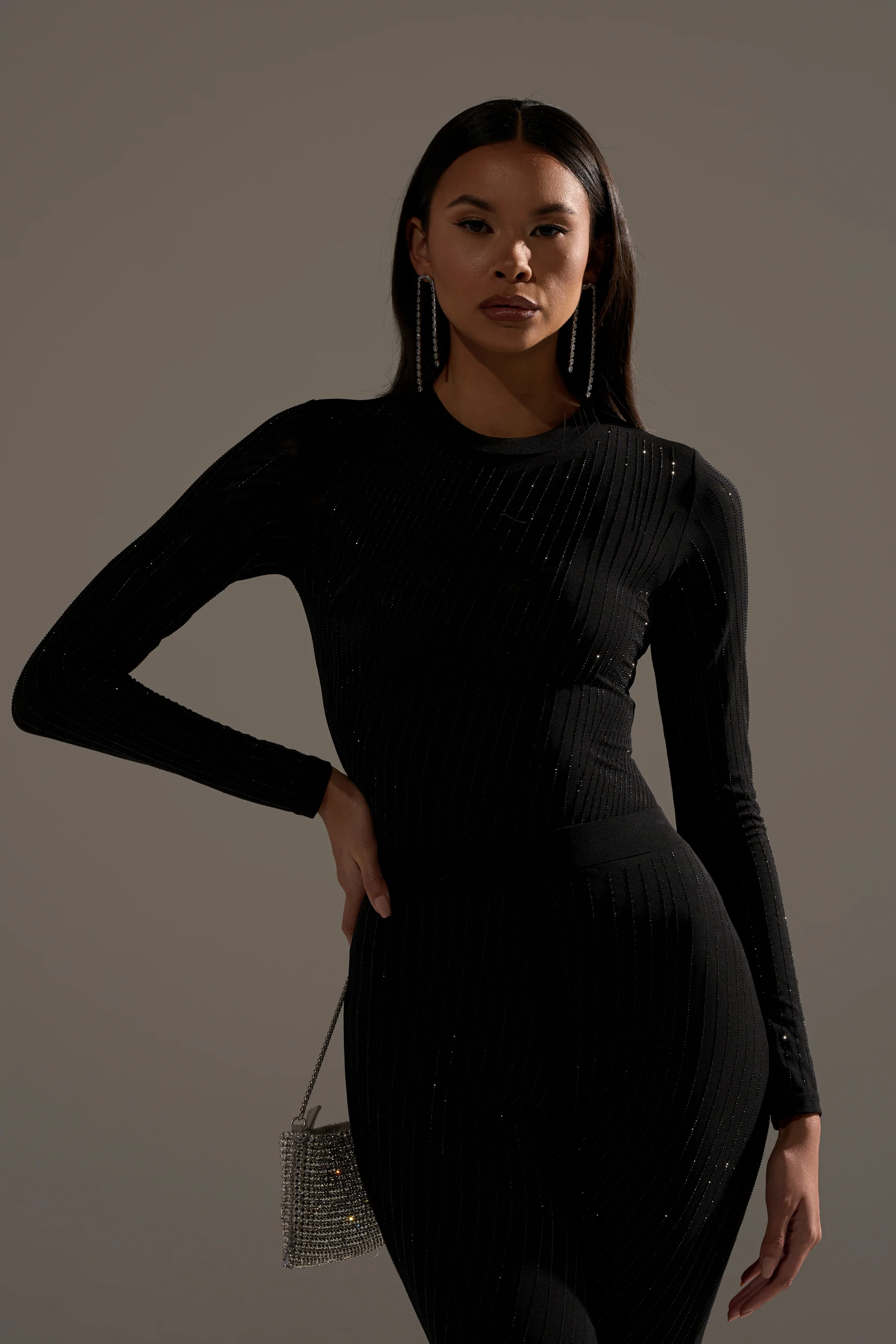 TWINKLING LIGHTS RHINESTONE LONG SLEEVE MESH BODYSUIT IN BLACK - Image 11