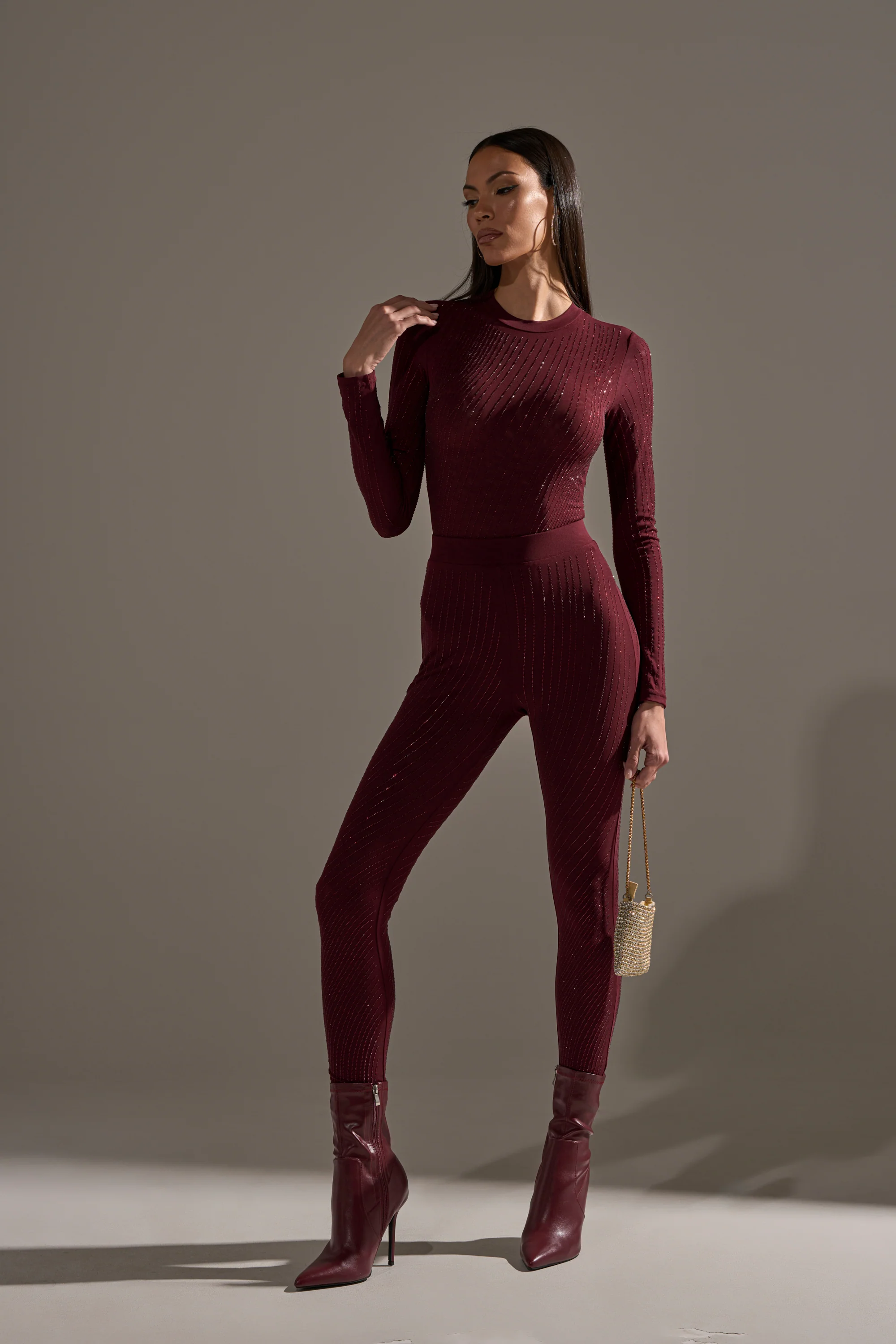 TWINKLING LIGHTS RHINESTONE LONG SLEEVE MESH BODYSUIT IN BURGUNDY - Image 5