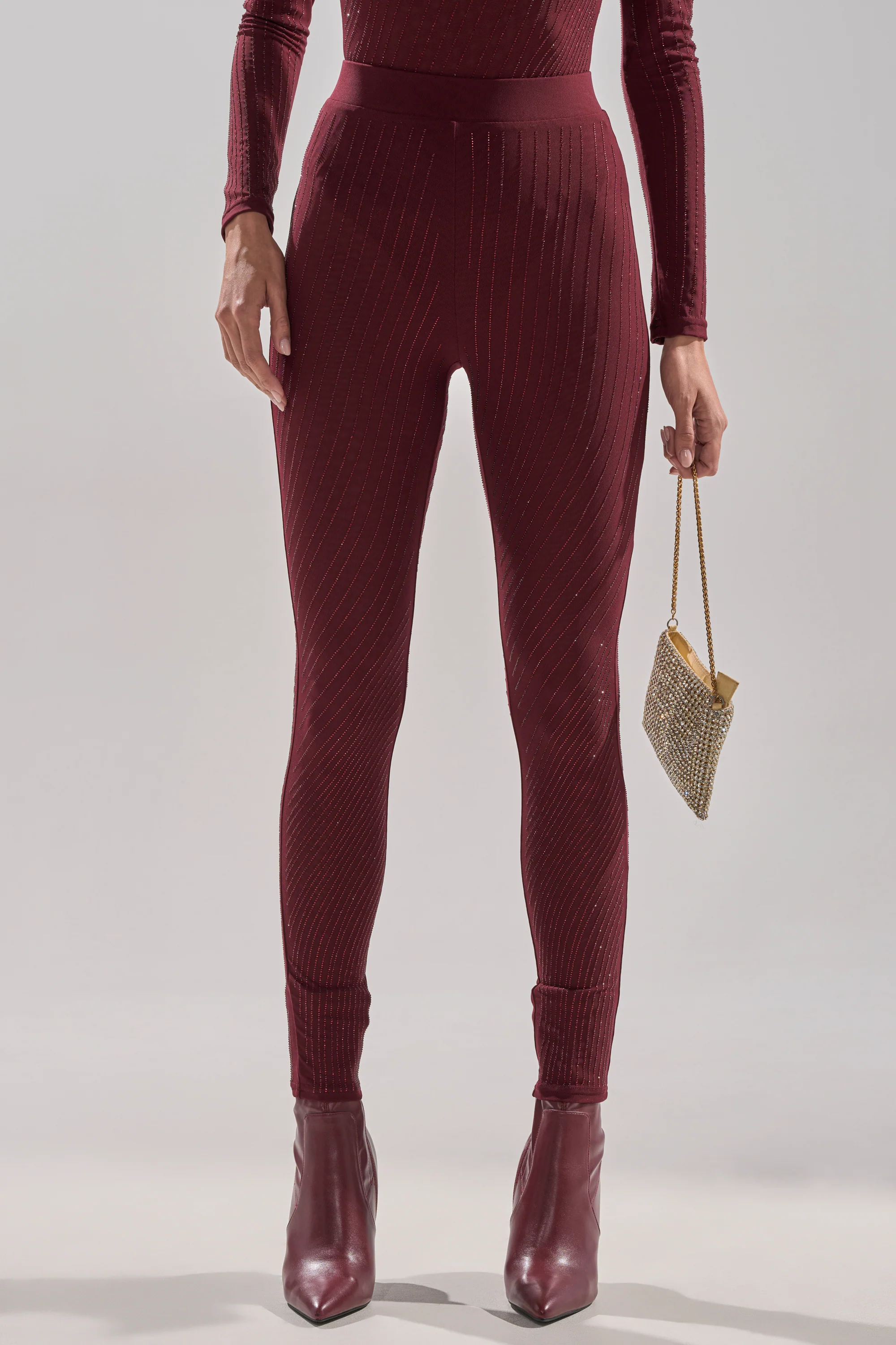 TWINKLING LIGHTS RHINESTONE MESH LEGGINGS IN BURGUNDY - Image 3