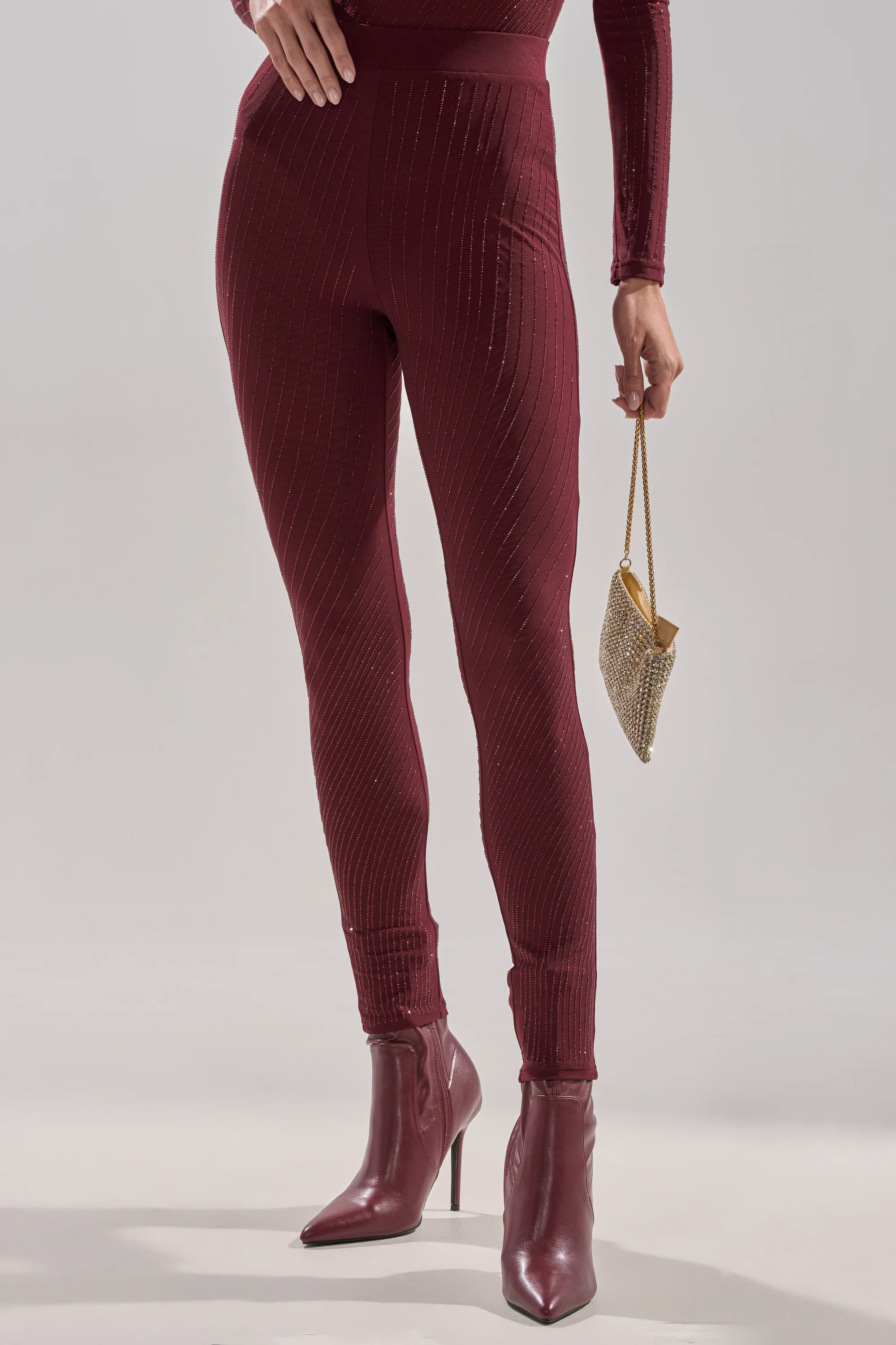 TWINKLING LIGHTS RHINESTONE MESH LEGGINGS IN BURGUNDY - Image 4