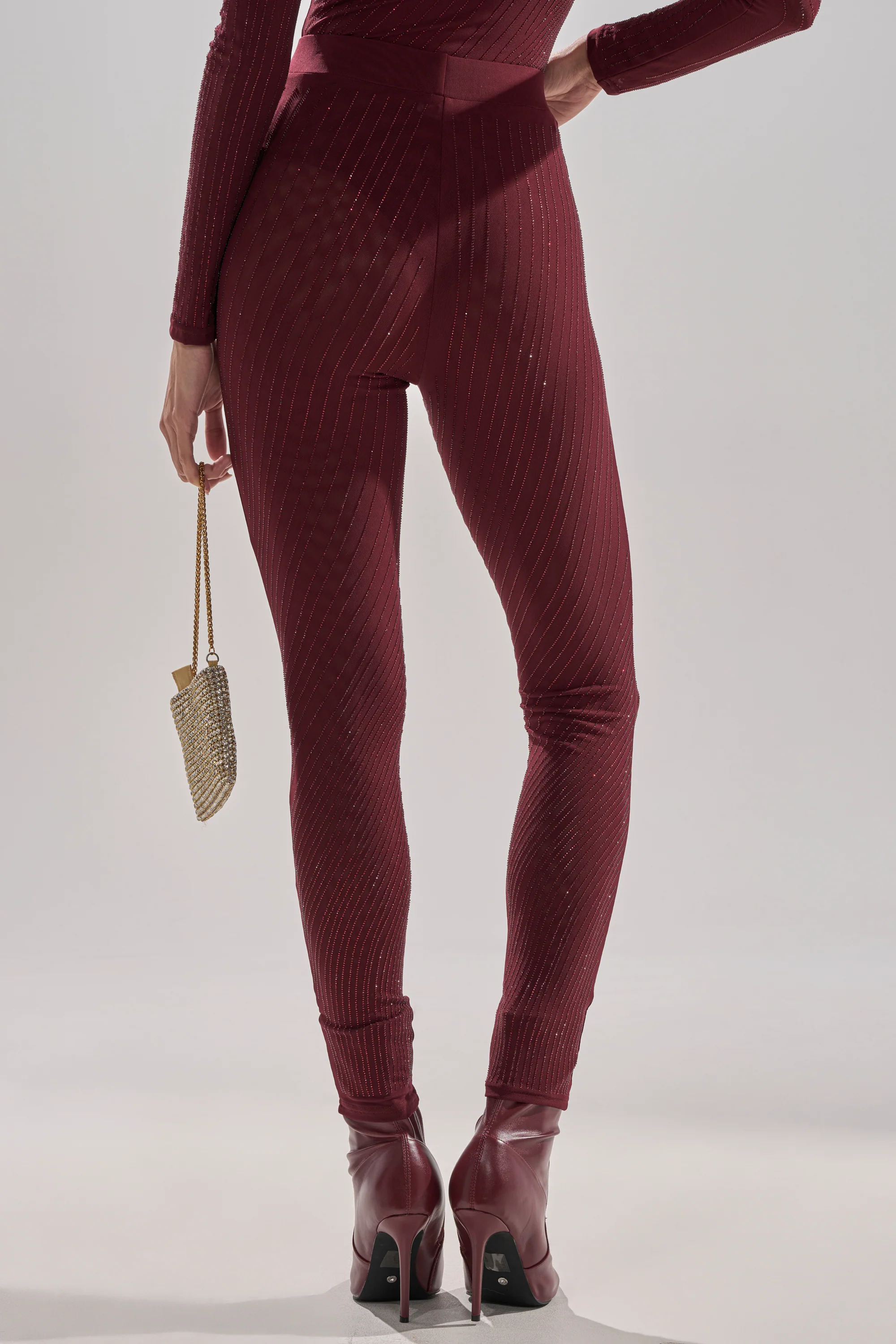 TWINKLING LIGHTS RHINESTONE MESH LEGGINGS IN BURGUNDY - Image 6
