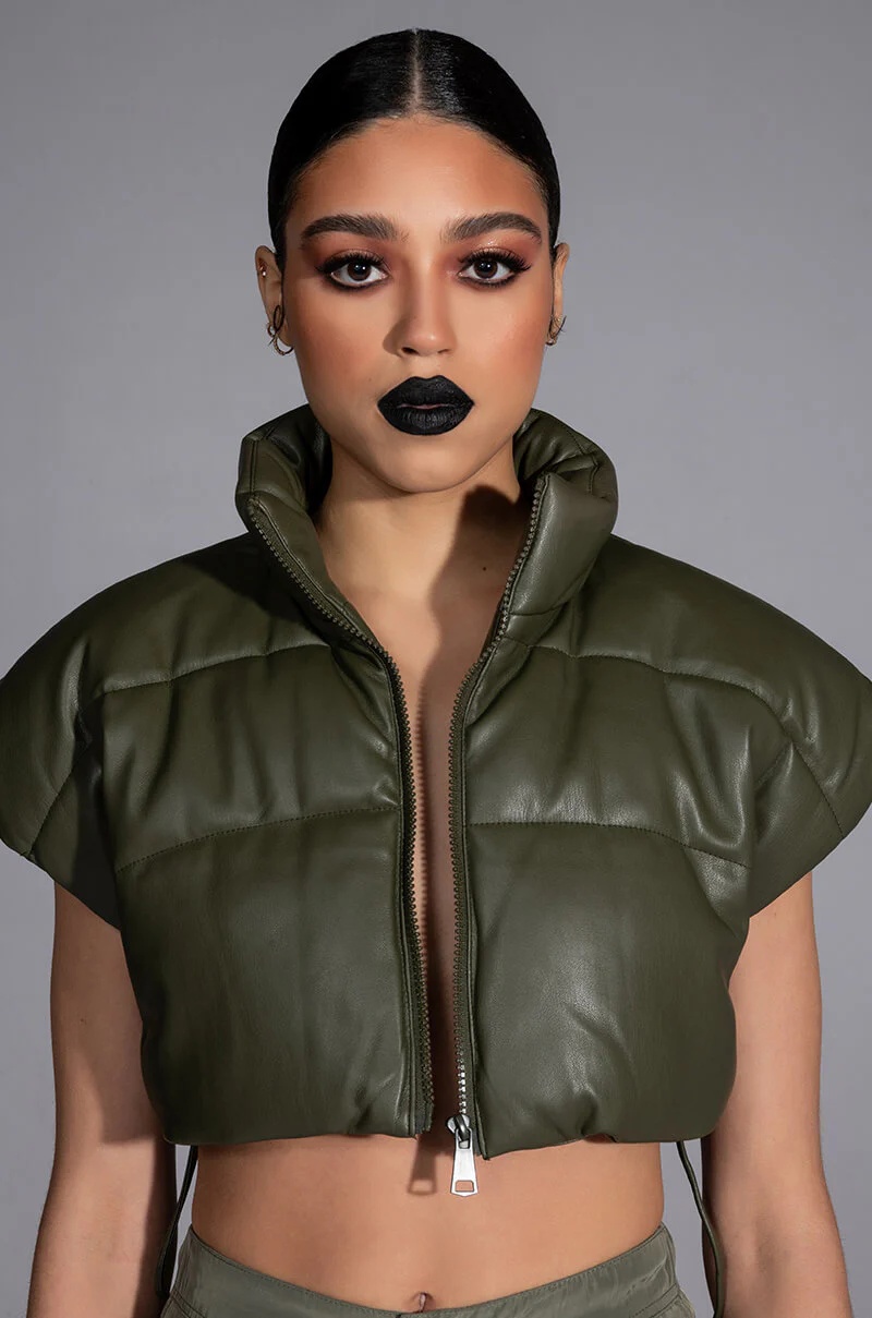 ULTRA CROP PU VEST WITH PULL STRINGS IN OLIVE - Image 10