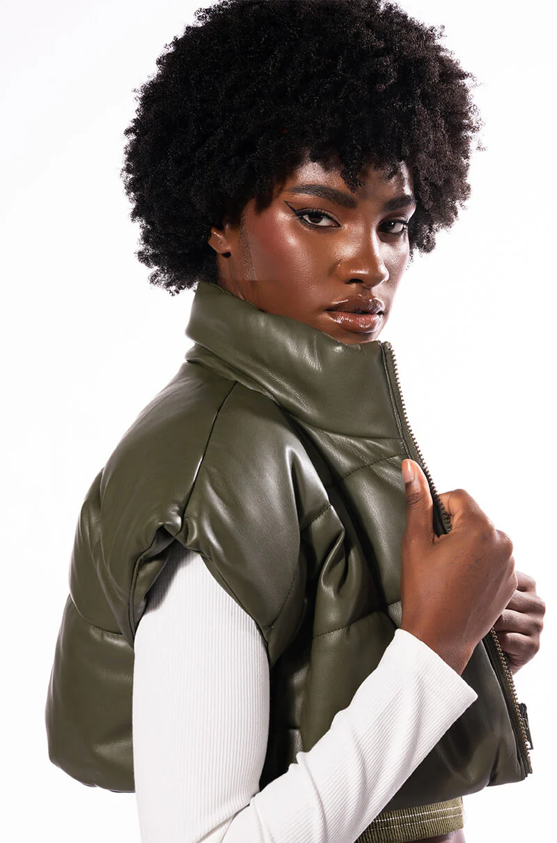 ULTRA CROP PU VEST WITH PULL STRINGS IN OLIVE - Image 11