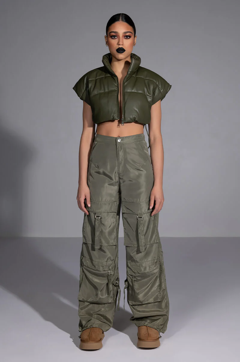 ULTRA CROP PU VEST WITH PULL STRINGS IN OLIVE - Image 12