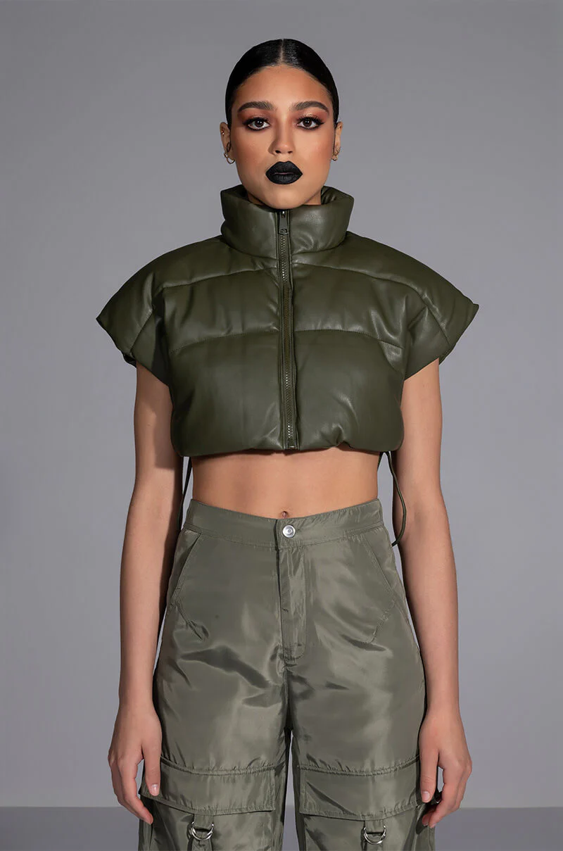 ULTRA CROP PU VEST WITH PULL STRINGS IN OLIVE - Image 14