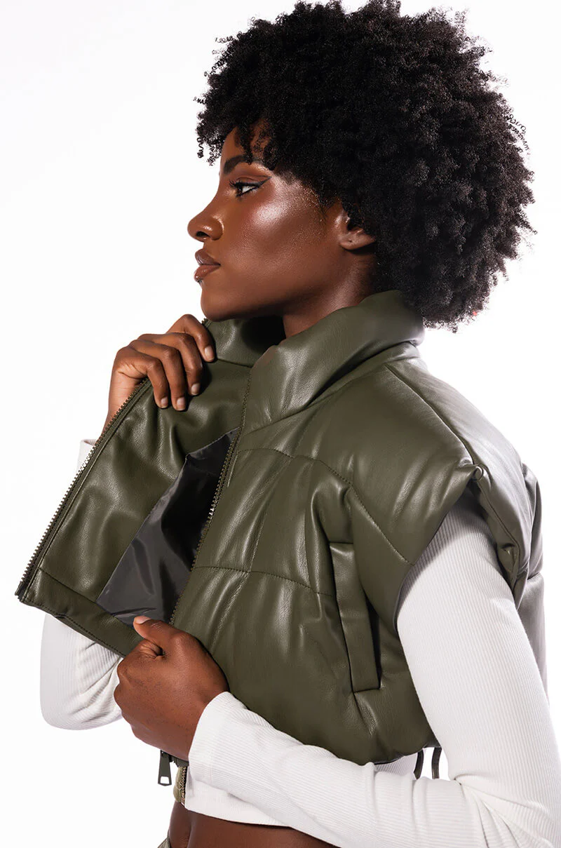 ULTRA CROP PU VEST WITH PULL STRINGS IN OLIVE - Image 16