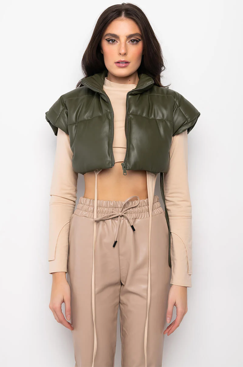 ULTRA CROP PU VEST WITH PULL STRINGS IN OLIVE - Image 17