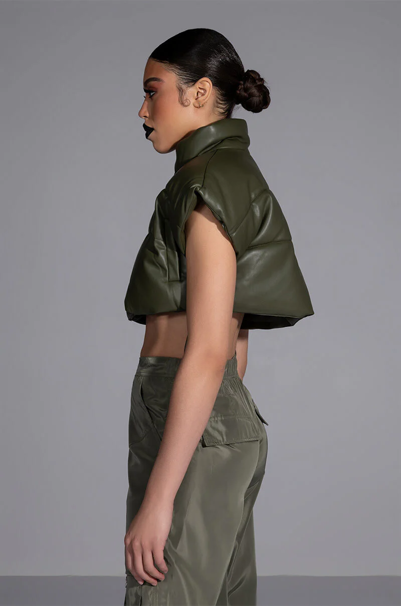 ULTRA CROP PU VEST WITH PULL STRINGS IN OLIVE - Image 18
