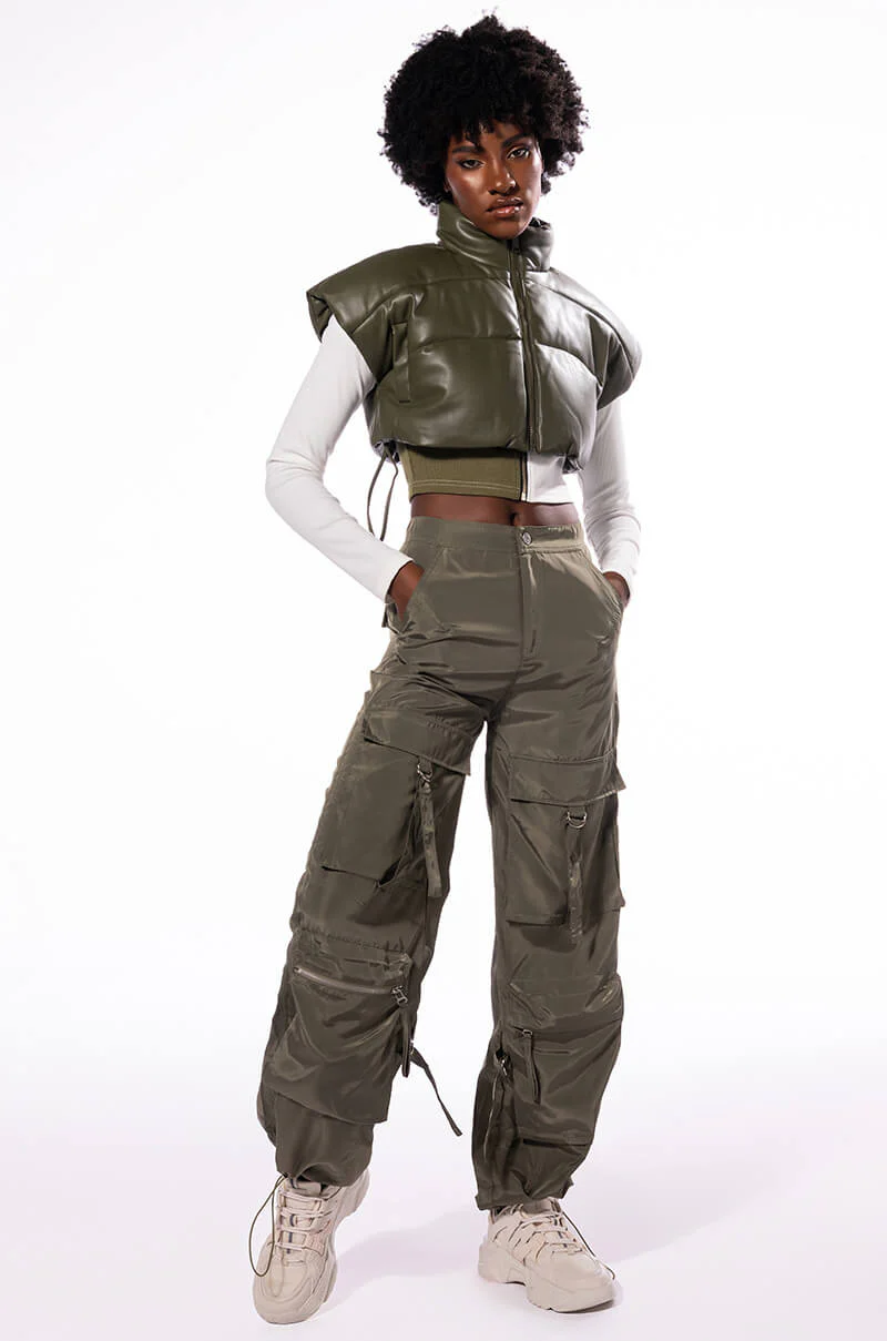 ULTRA CROP PU VEST WITH PULL STRINGS IN OLIVE - Image 19