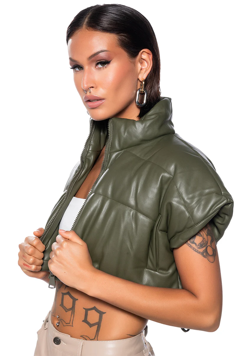 ULTRA CROP PU VEST WITH PULL STRINGS IN OLIVE - Image 2