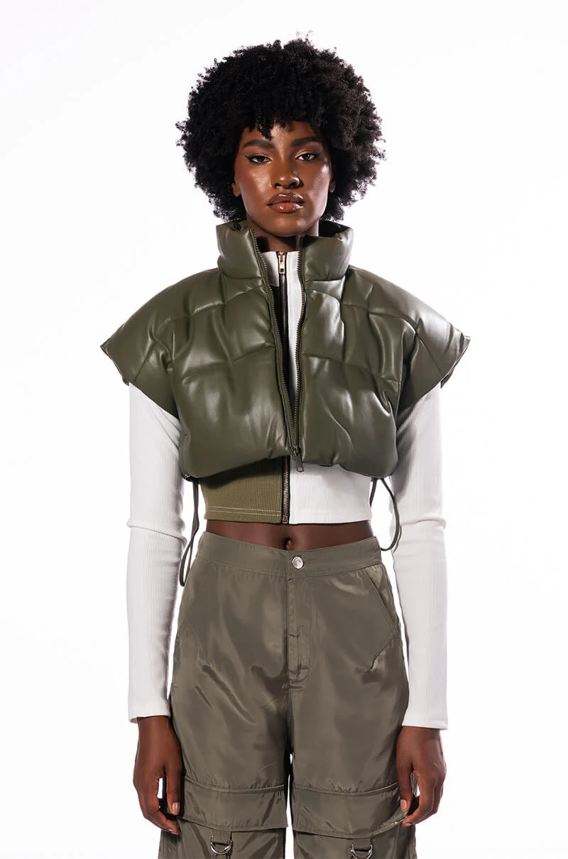ULTRA CROP PU VEST WITH PULL STRINGS IN OLIVE - Image 20