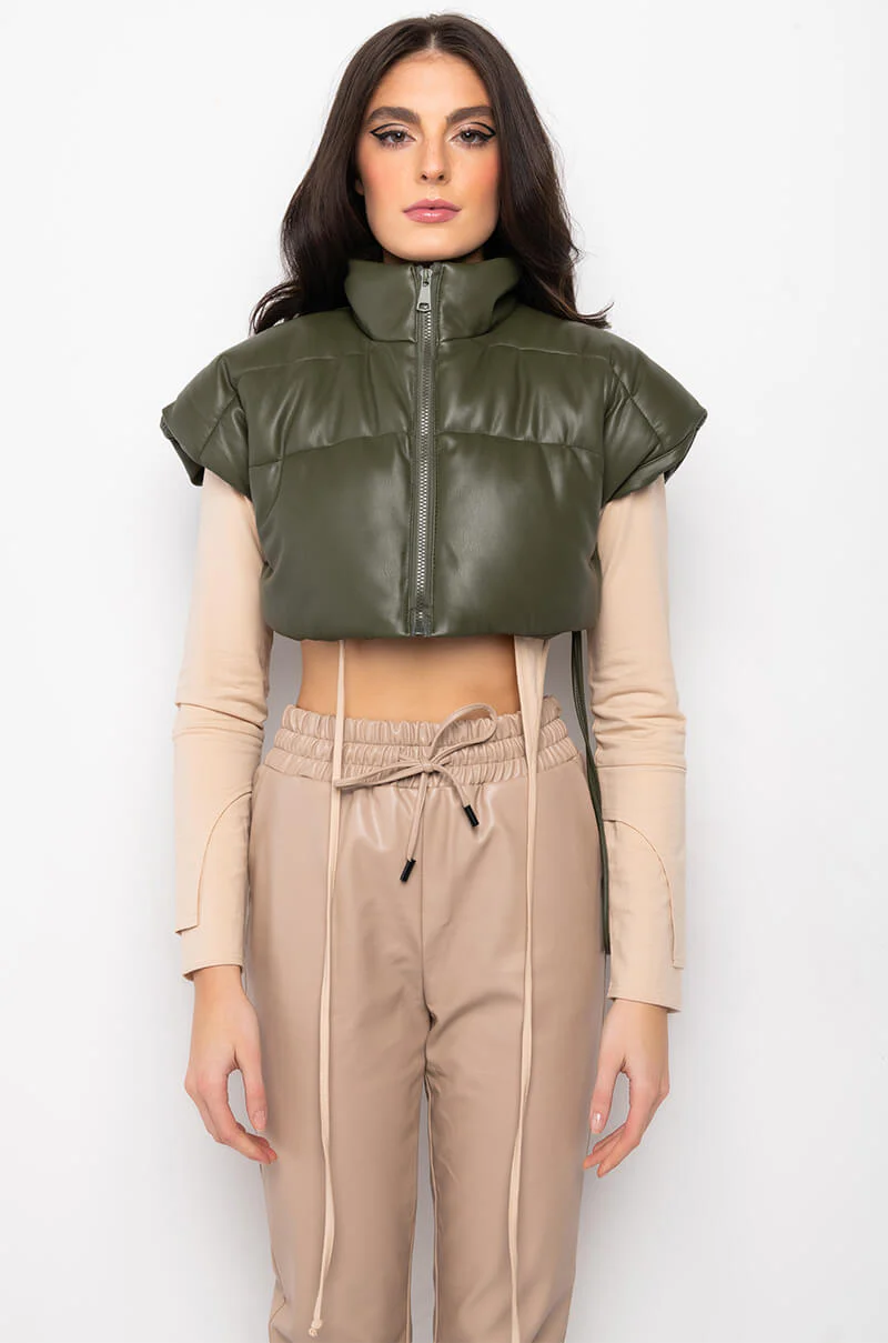 ULTRA CROP PU VEST WITH PULL STRINGS IN OLIVE - Image 21