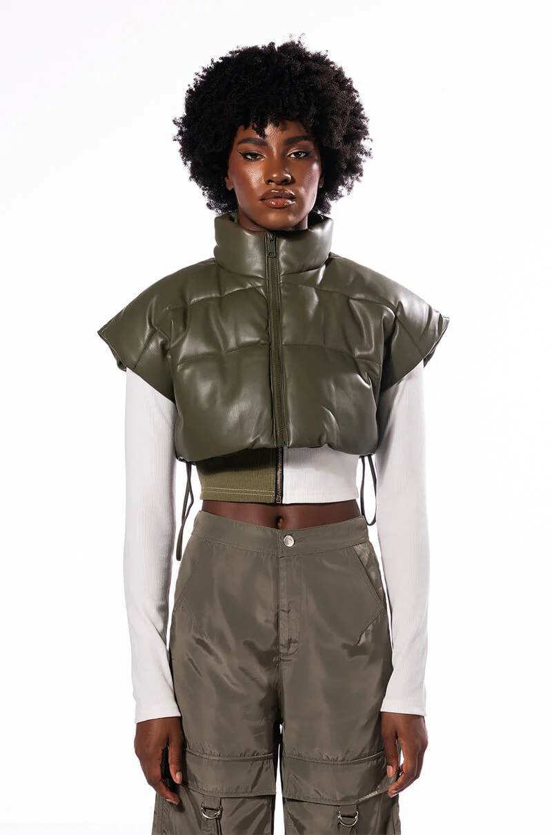 ULTRA CROP PU VEST WITH PULL STRINGS IN OLIVE - Image 23