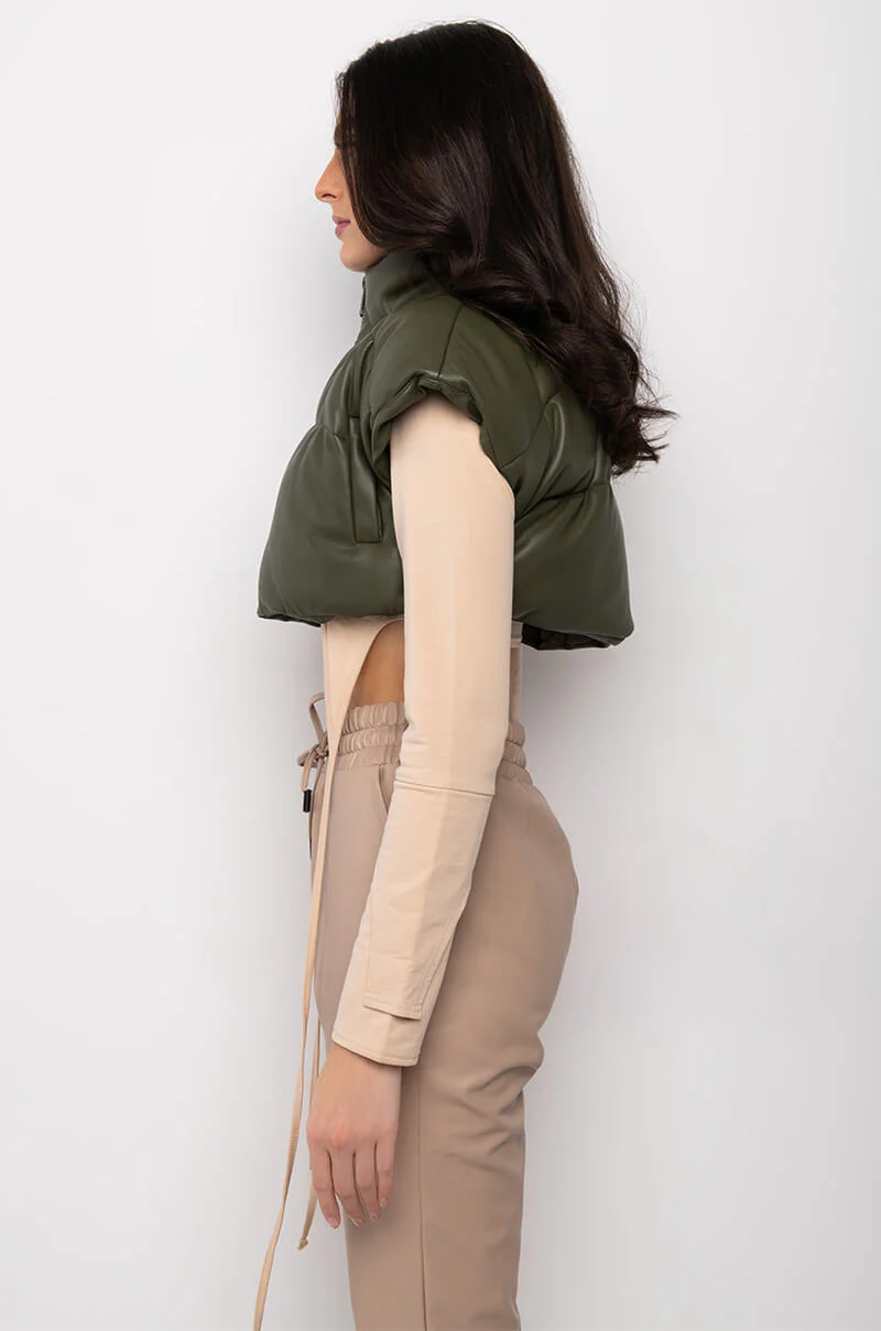 ULTRA CROP PU VEST WITH PULL STRINGS IN OLIVE - Image 24