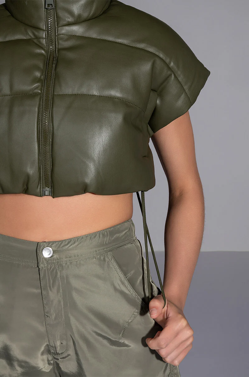 ULTRA CROP PU VEST WITH PULL STRINGS IN OLIVE - Image 25