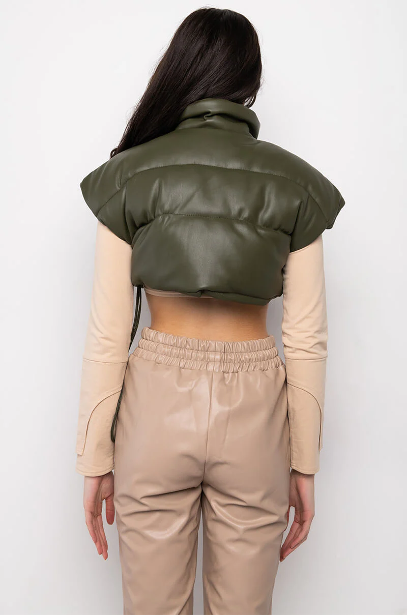 ULTRA CROP PU VEST WITH PULL STRINGS IN OLIVE - Image 26