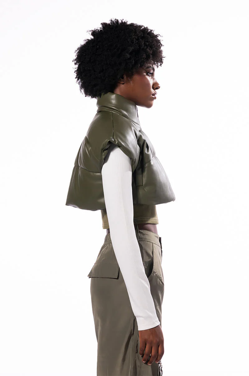 ULTRA CROP PU VEST WITH PULL STRINGS IN OLIVE - Image 27