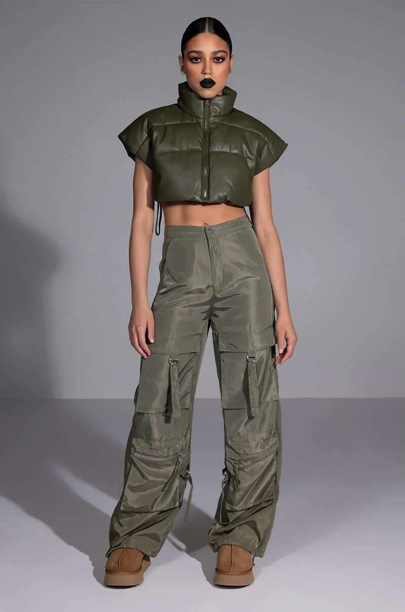 ULTRA CROP PU VEST WITH PULL STRINGS IN OLIVE - Image 28