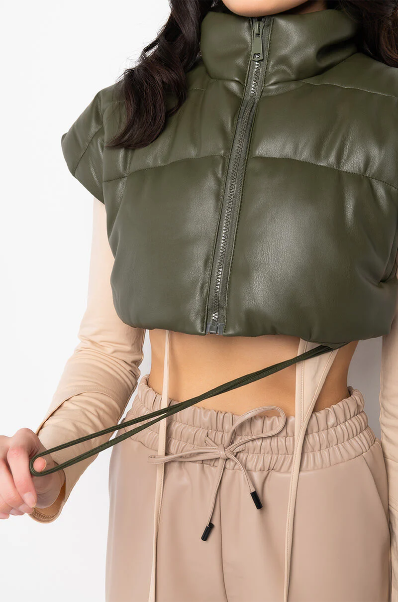 ULTRA CROP PU VEST WITH PULL STRINGS IN OLIVE - Image 29