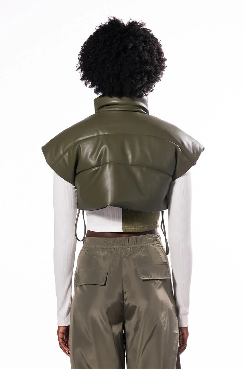 ULTRA CROP PU VEST WITH PULL STRINGS IN OLIVE - Image 30