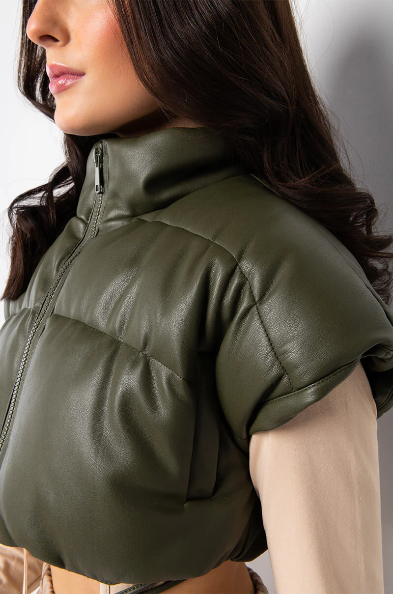 ULTRA CROP PU VEST WITH PULL STRINGS IN OLIVE - Image 31