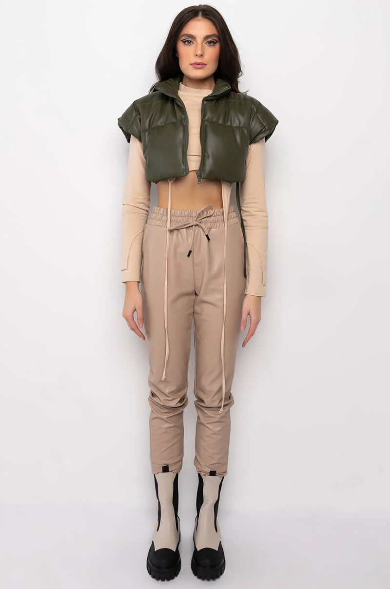 ULTRA CROP PU VEST WITH PULL STRINGS IN OLIVE - Image 33