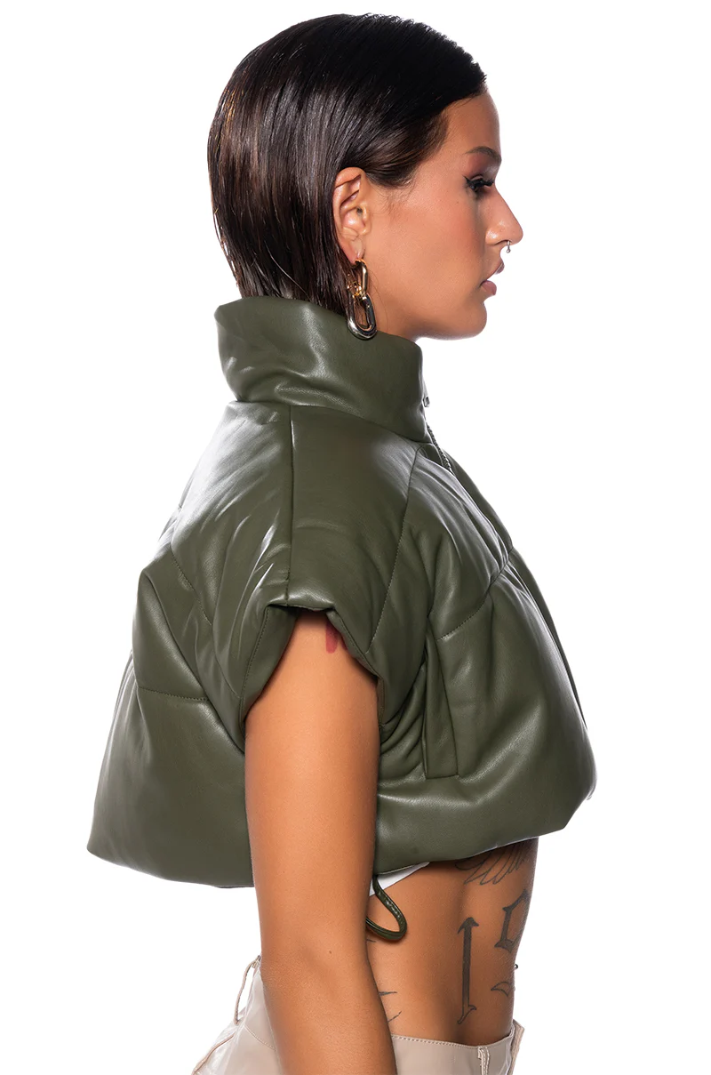 ULTRA CROP PU VEST WITH PULL STRINGS IN OLIVE - Image 4