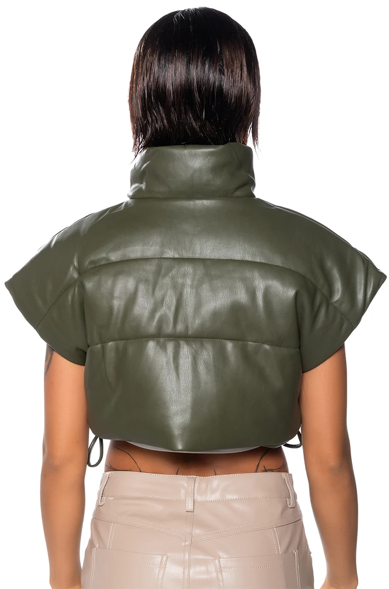 ULTRA CROP PU VEST WITH PULL STRINGS IN OLIVE - Image 5