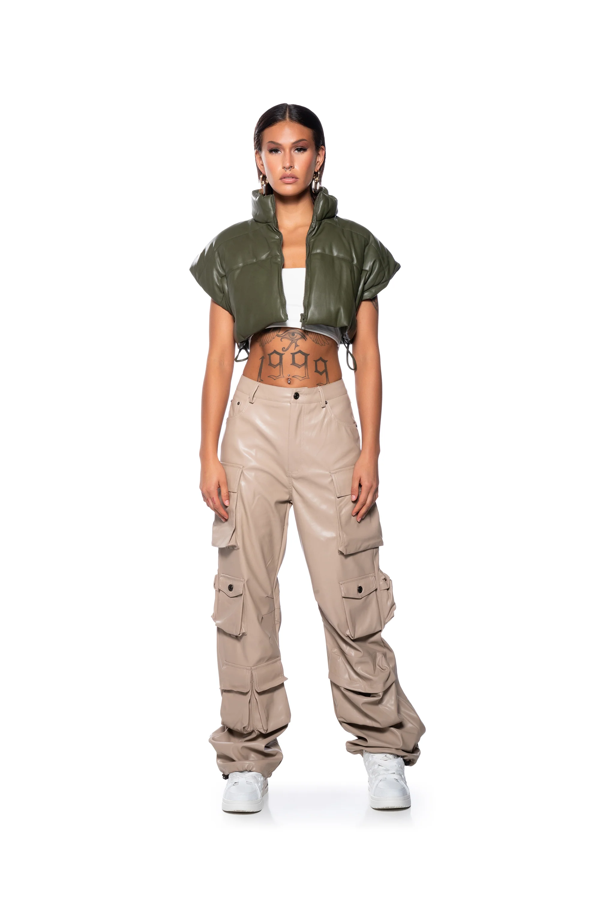 ULTRA CROP PU VEST WITH PULL STRINGS IN OLIVE - Image 7