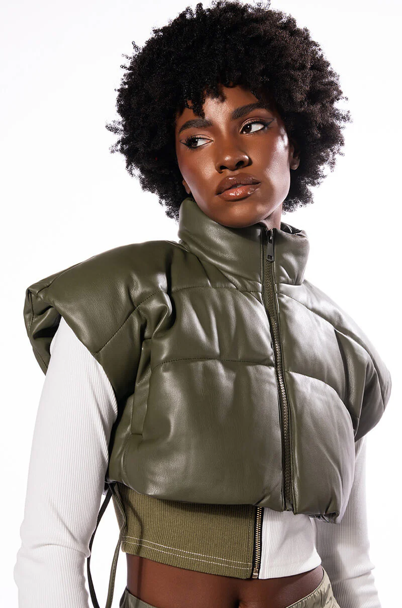 ULTRA CROP PU VEST WITH PULL STRINGS IN OLIVE - Image 8