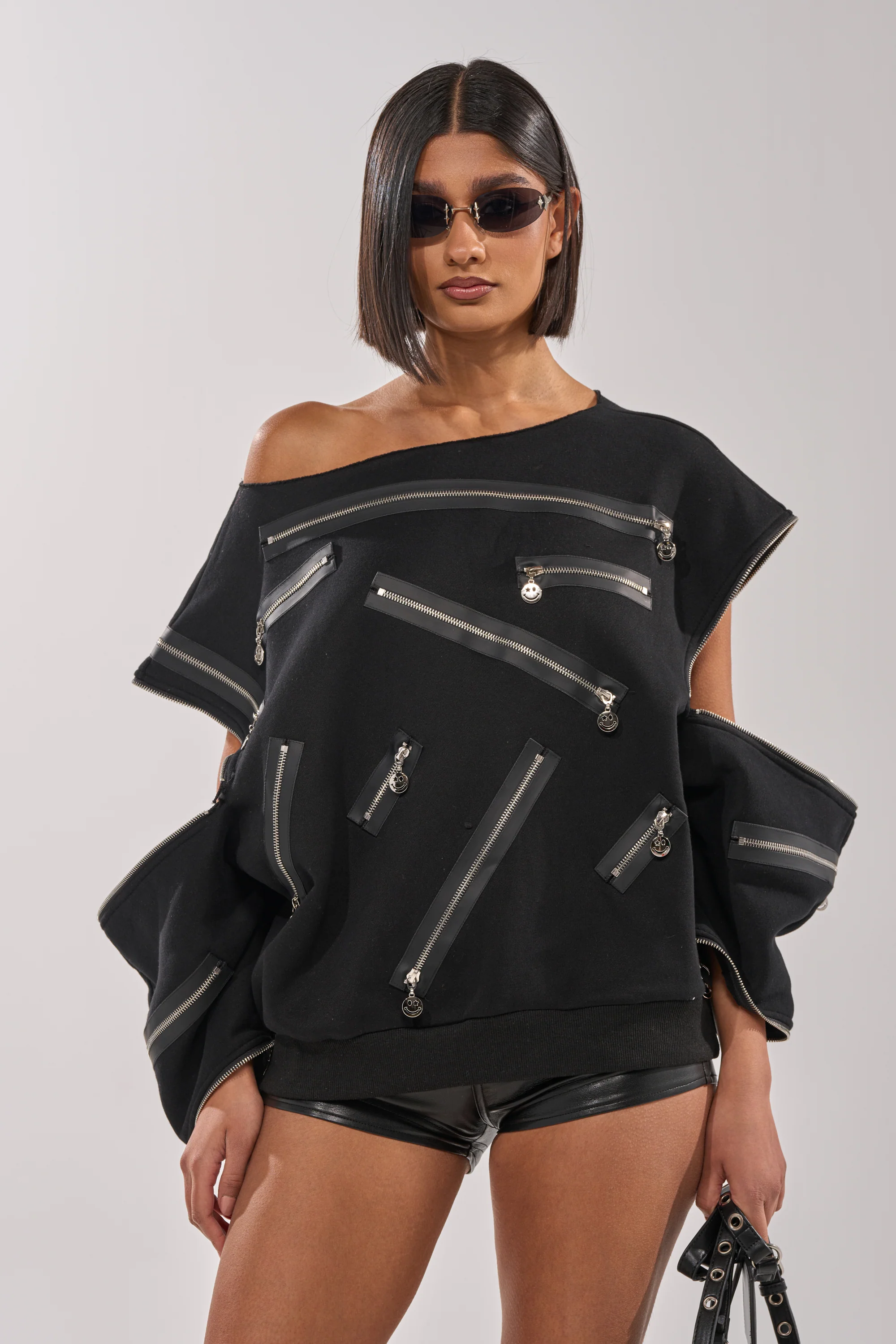 UN-ZIP ME OFF THE SHOULDER SWEATSHIRT