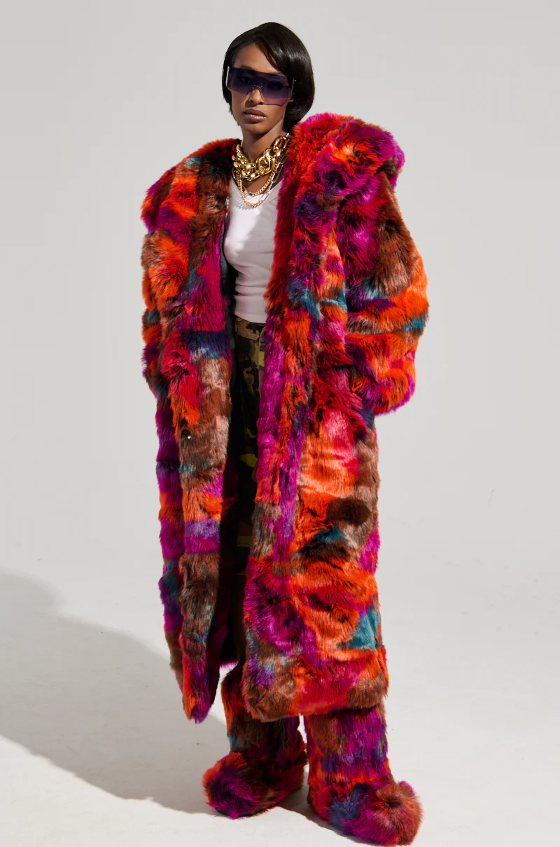 UPSETTER MAXI FAUX FUR COAT IN PINK MULTI - Image 3
