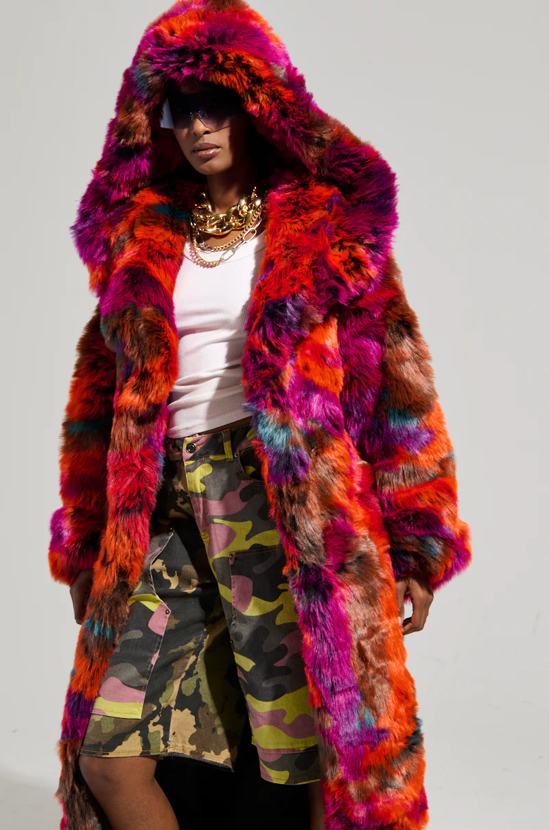 UPSETTER MAXI FAUX FUR COAT IN PINK MULTI - Image 4
