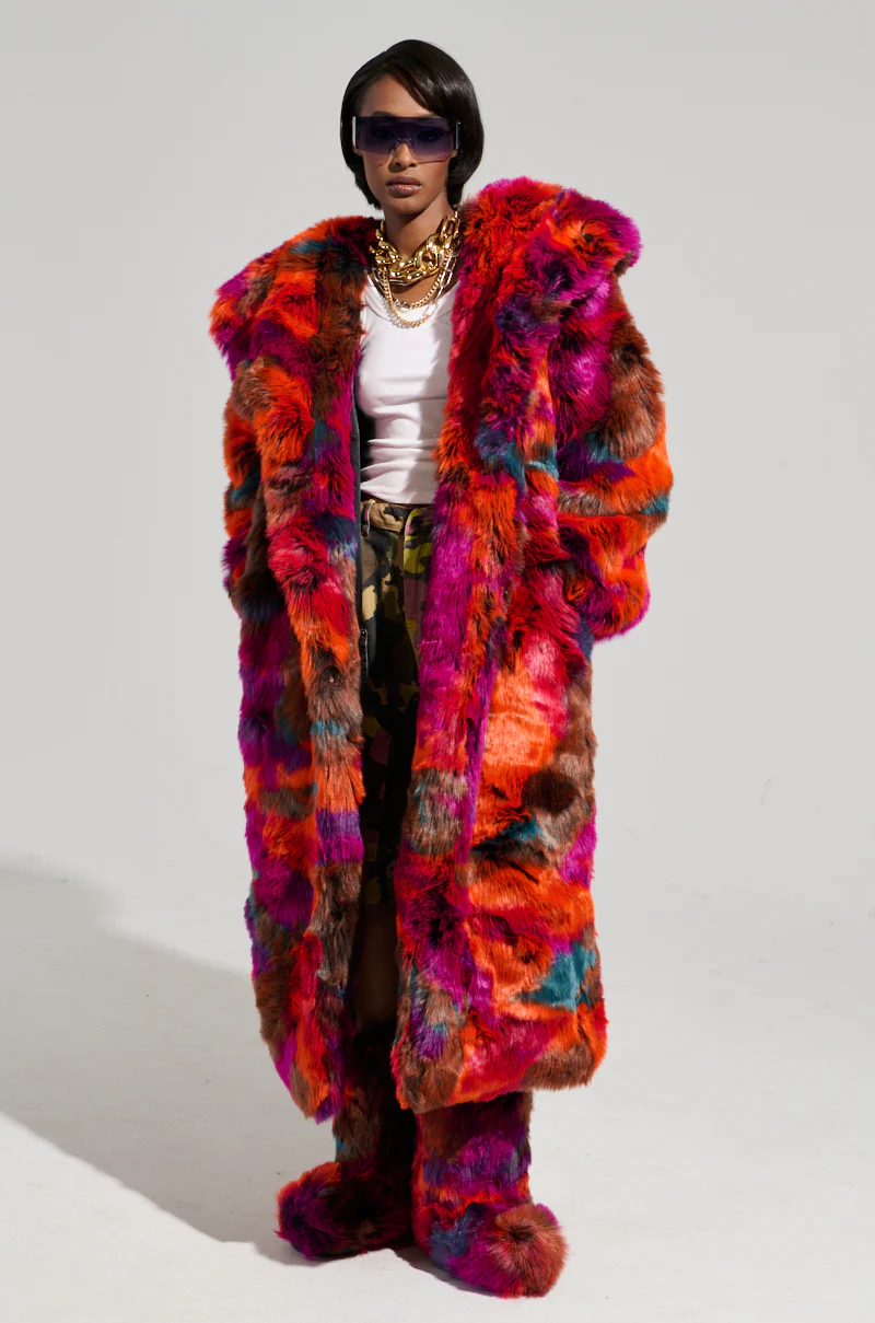 UPSETTER MAXI FAUX FUR COAT IN PINK MULTI - Image 5