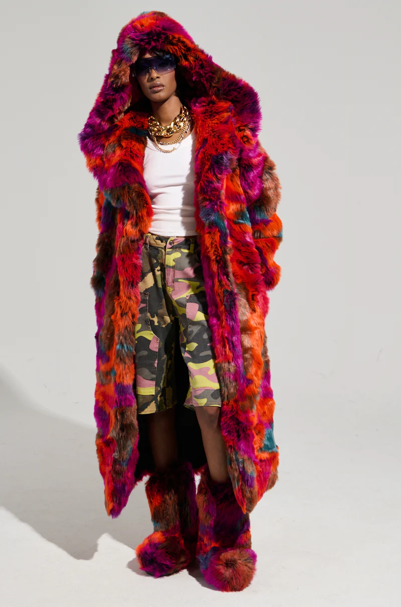 UPSETTER MAXI FAUX FUR COAT IN PINK MULTI - Image 6