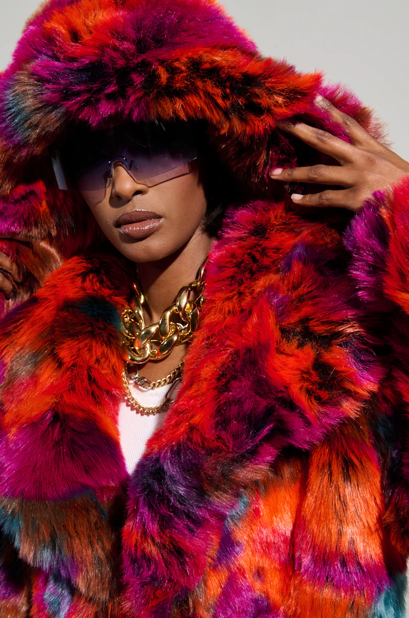 UPSETTER MAXI FAUX FUR COAT IN PINK MULTI - Image 9